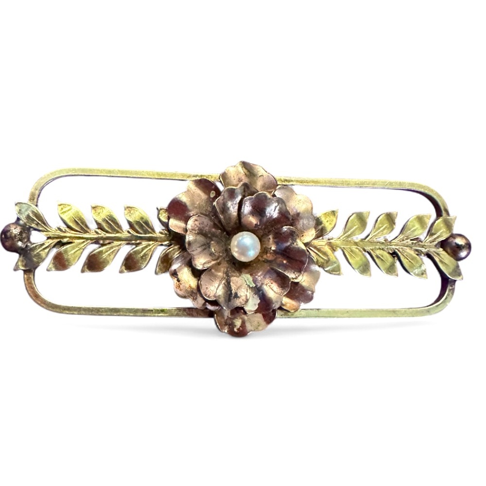 Antique Kreisler Germany Brooch Rose Yellow Gold filled with real pearl